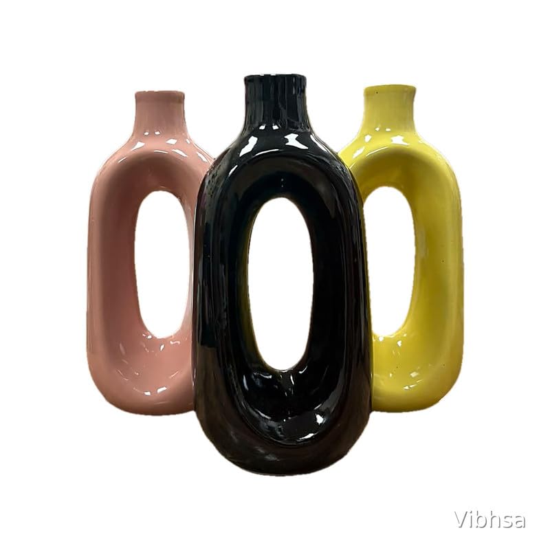 Vibhsa Modern Ceramic Hollow Vase Set of 3 – Black, Pink & Yellow