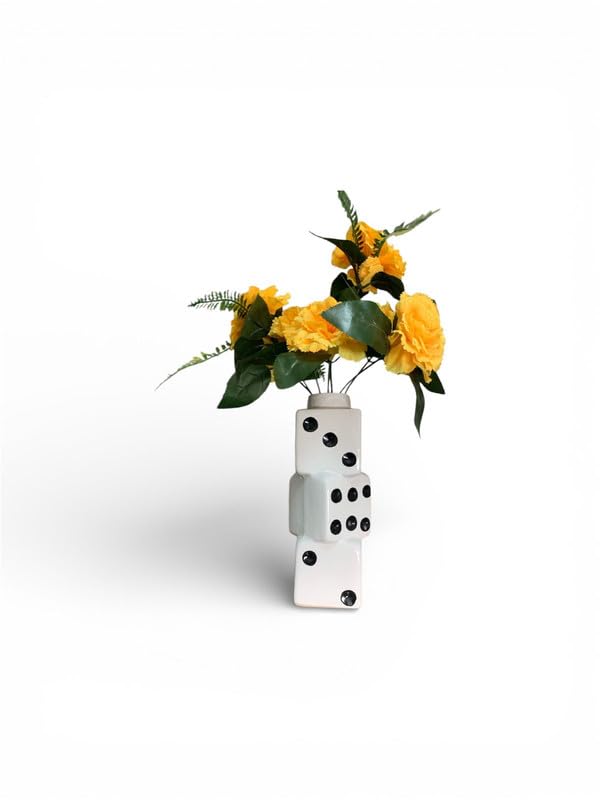 Vibhsa Modern Ceramic Dice Shape Flower Vase with Artificial Yellow Flowers