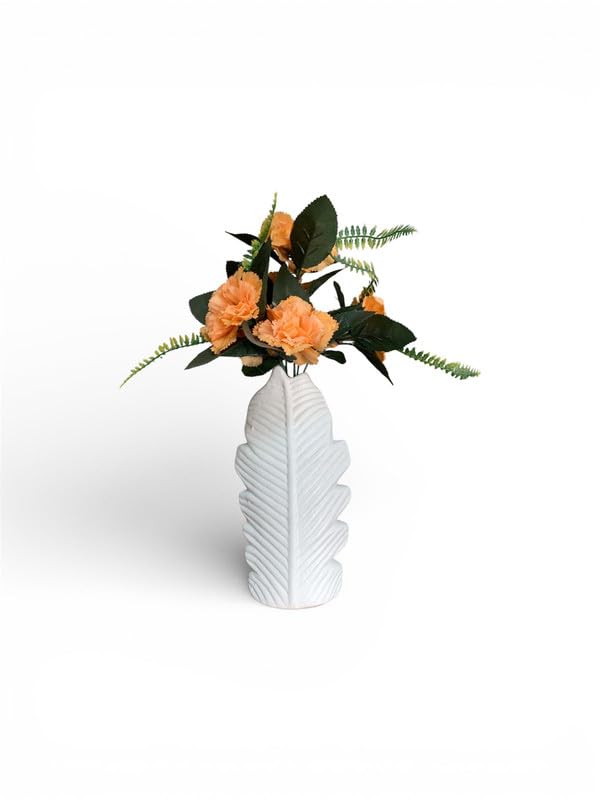 Vibhsa White Ceramic Leaf Design Flower Vase with Artificial Peach Flowers