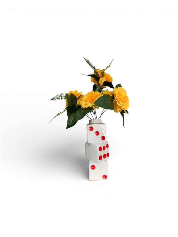 Vibhsa Modern Ceramic Dice Shape Flower Vase with Artificial Yellow Flowers
