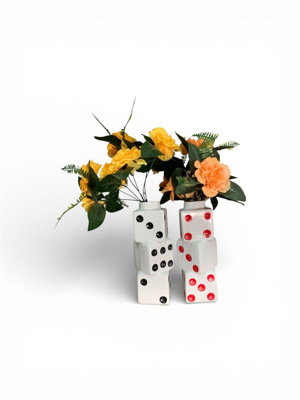 Vibhsa Modern Ceramic Dice Shape Flower Vase with Artificial Yellow Flowers