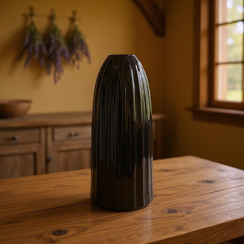 Vibhsa Modern Ribbed Ceramic Flower Vase, Glossy Black