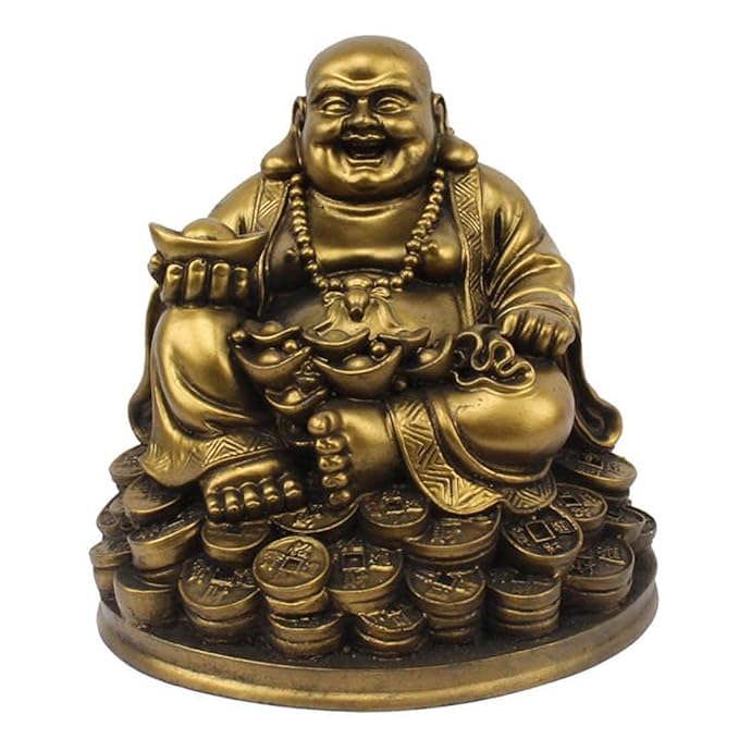 Vibhsa Laughing Buddha on Money Coins – Feng Shui Figurine, Large
