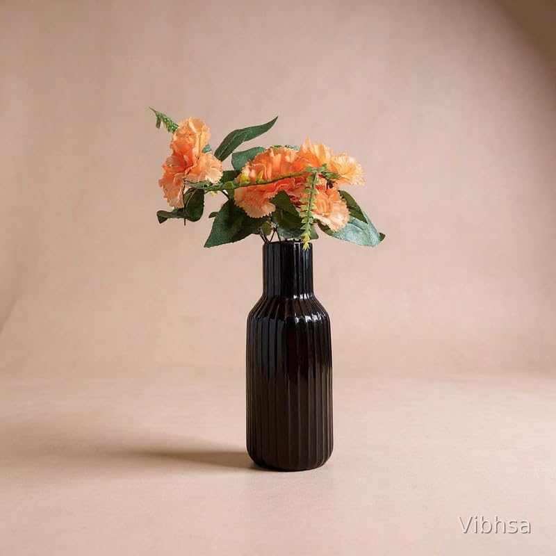 Vibhsa Black Ribbed Ceramic Flower Vase