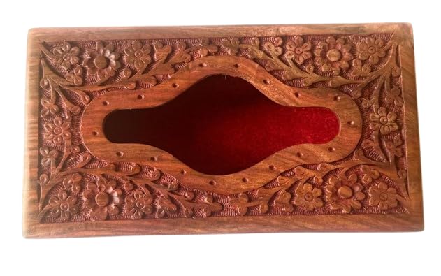 Vibhsa Wooden Tissue Box Holder with Brass Carving