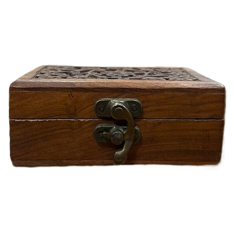 Vibhsa Handcrafted Wooden Storage Box with Carved Lid & Metal Lock