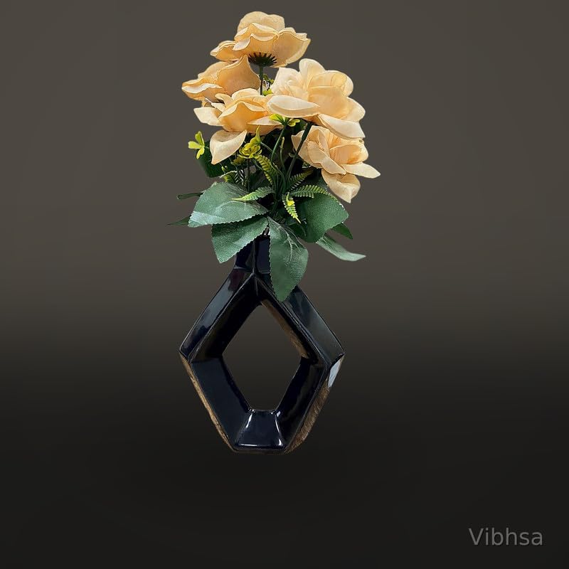 Vibhsa Black Hollow Geometric Ceramic Flower Vase