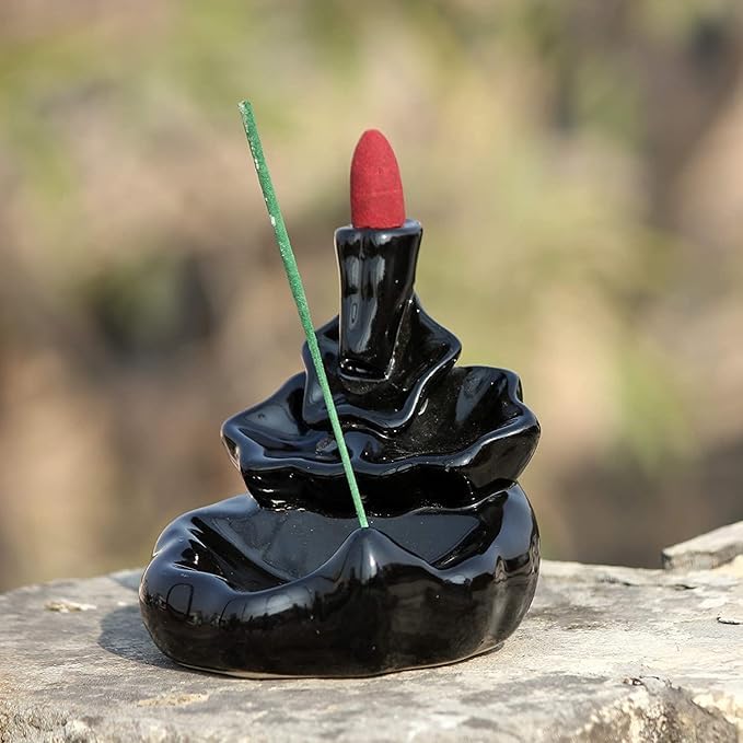 Vibhsa Ceramic Backflow Incense Burner, Black Smoke Fountain Design