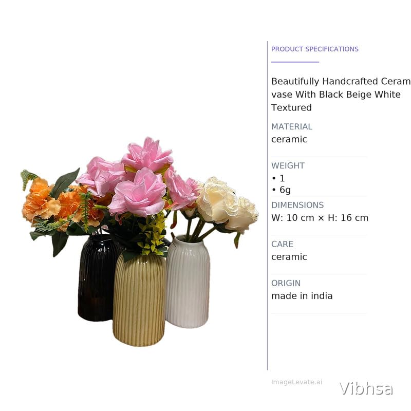 Vibhsa Ceramic Flower Vase Set of 3 for Home Decor, Modern Ribbed Decorative Vases
