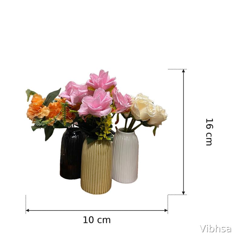 Vibhsa Ceramic Flower Vase Set of 3 for Home Decor, Modern Ribbed Decorative Vases