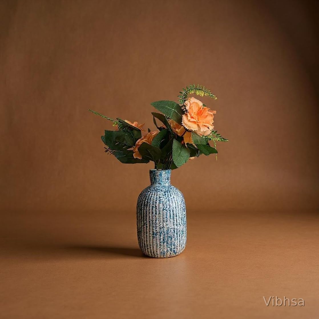 Vibhsa Blue & White Ribbed Ceramic Vase