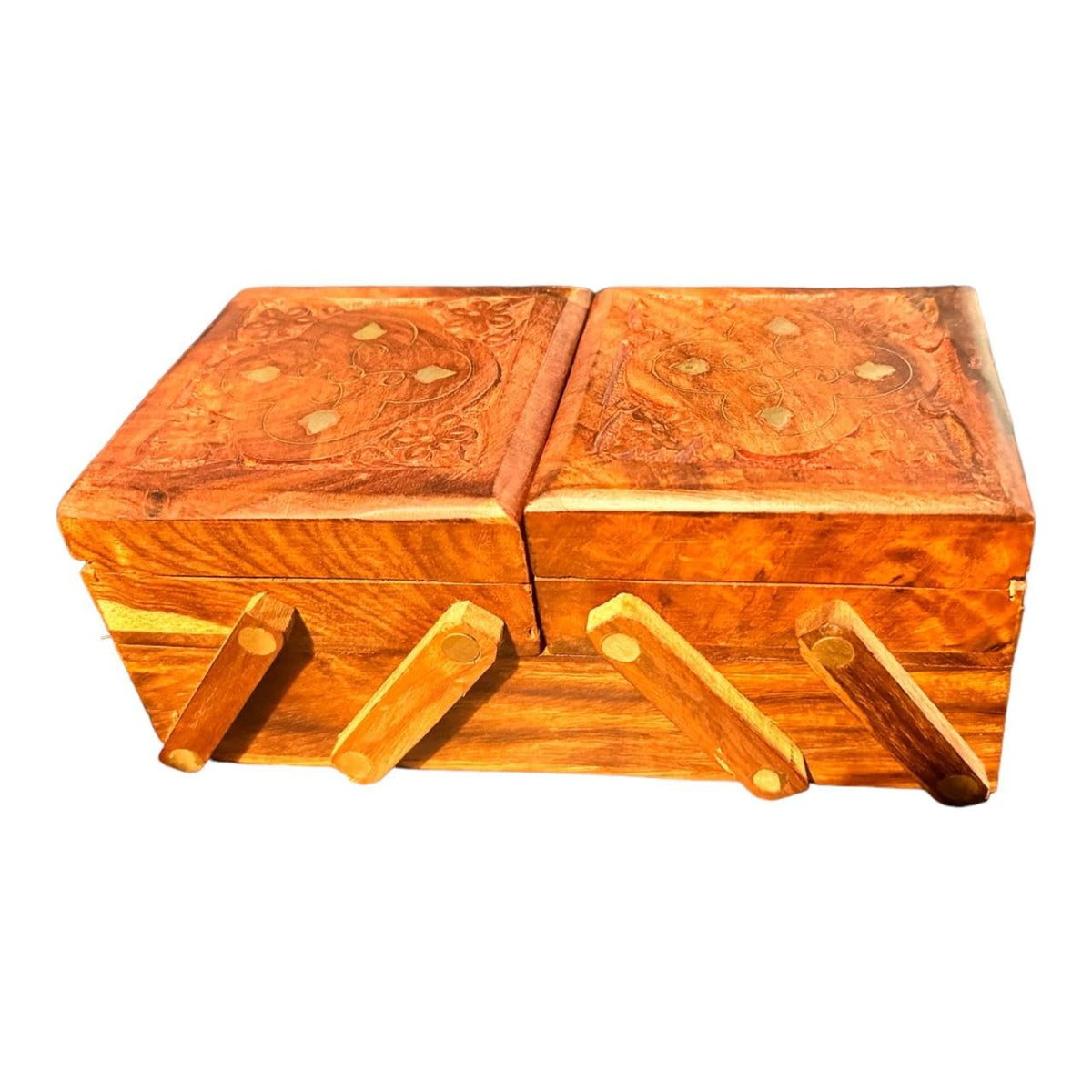 Vibhsa Hand-Carved Wooden Jewelry Box with Brass Inlay
