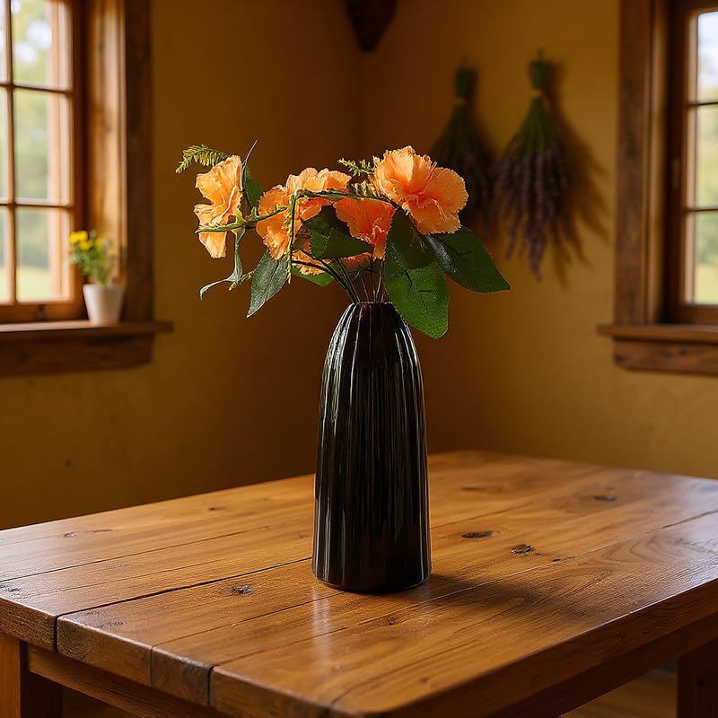 Vibhsa Modern Ribbed Ceramic Flower Vase, Glossy Black