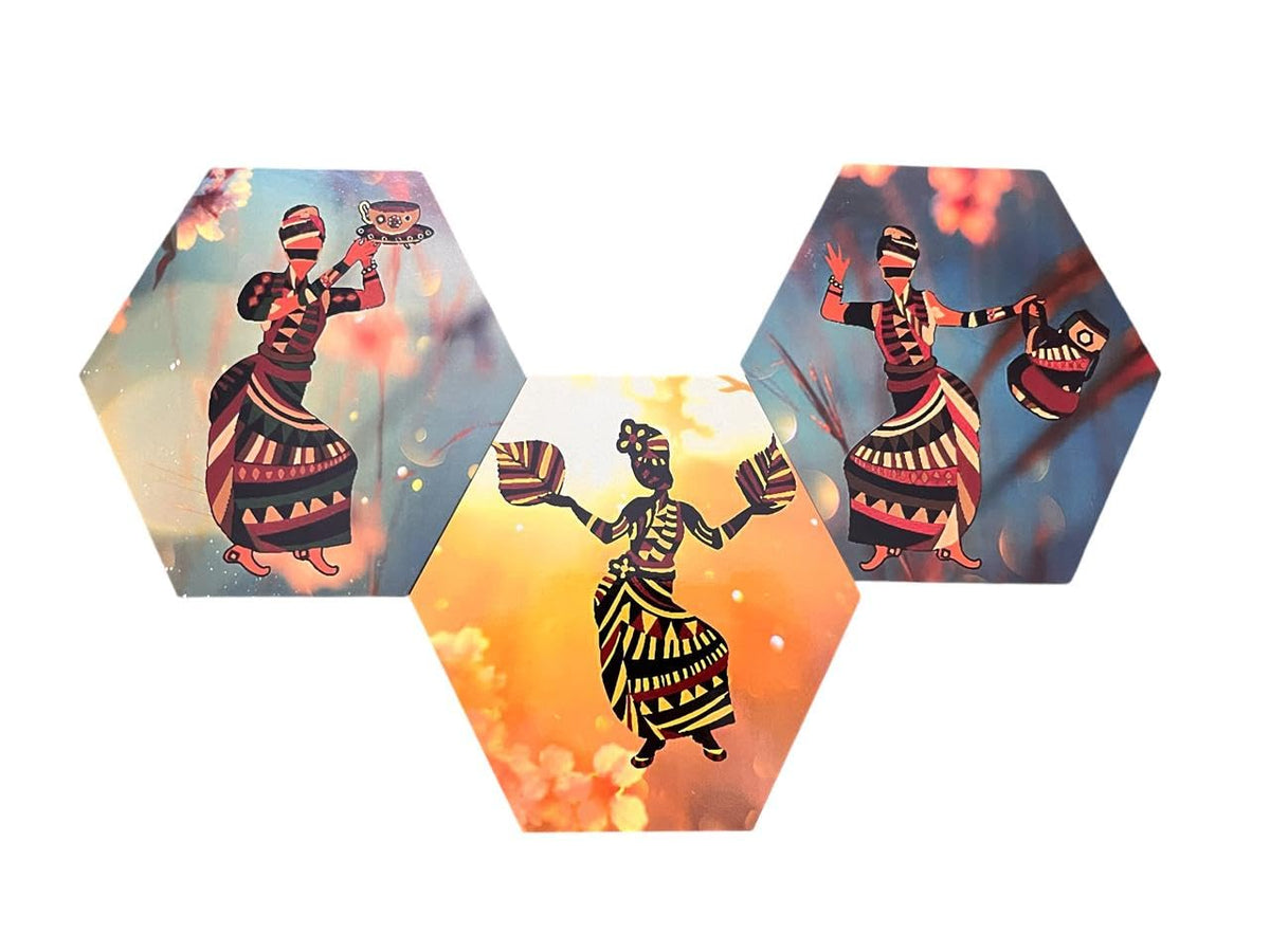Vibhsa Set of 3 Hexagon Modern Art Dancing Wall decor 3 pieces Textured Painting