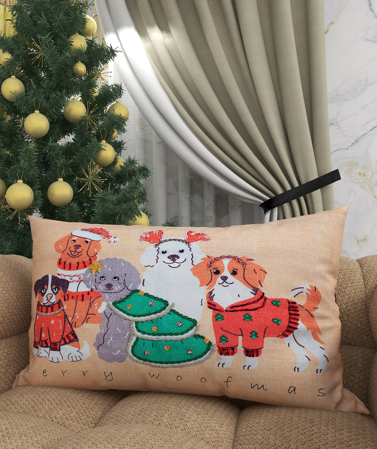Vibhsa Merry Woofmas Christmas Pillow 14" x 20"