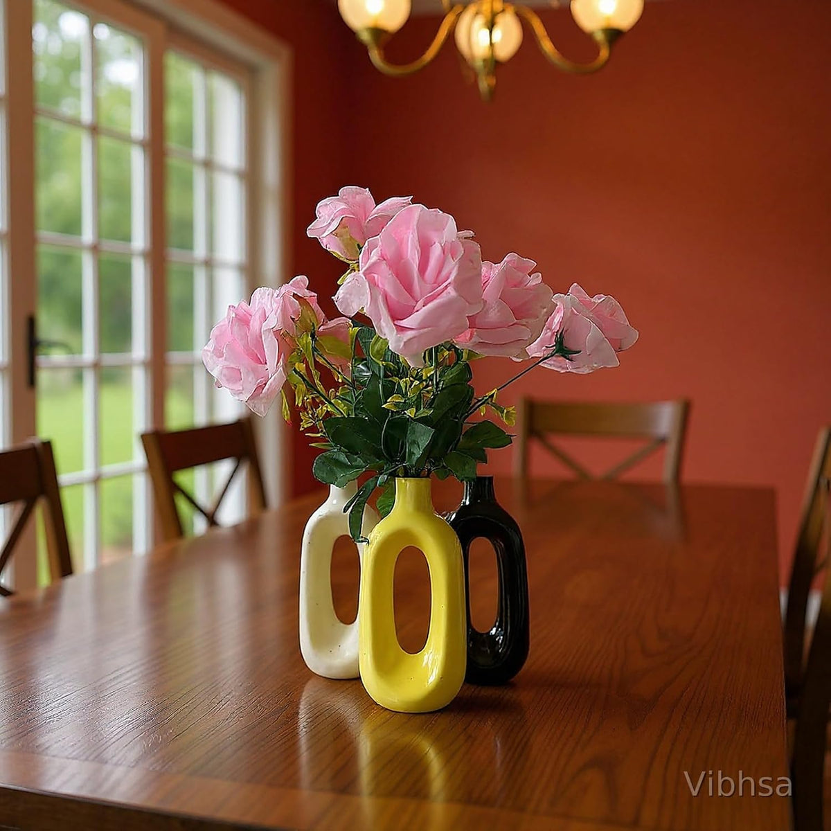 Vibhsa Modern Ceramic Hollow Vase Set of 3 – White, Yellow & Black