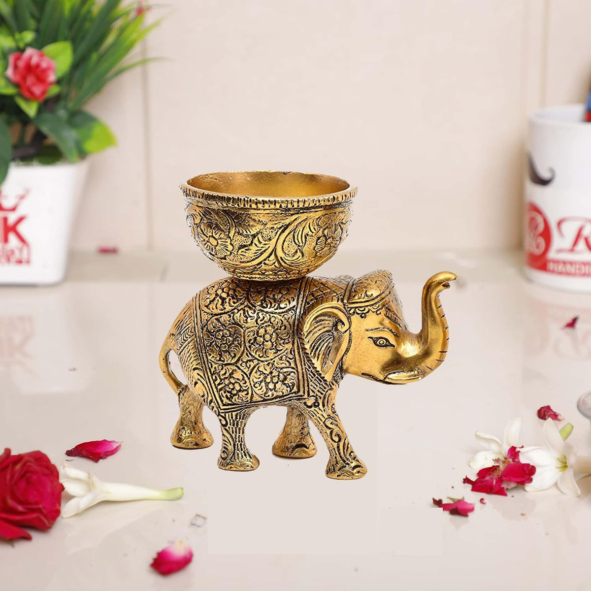 Vibhsa Metal Elephant Dry Fruit Bowl Showpiece Gold Polish for Your Home,Office Table