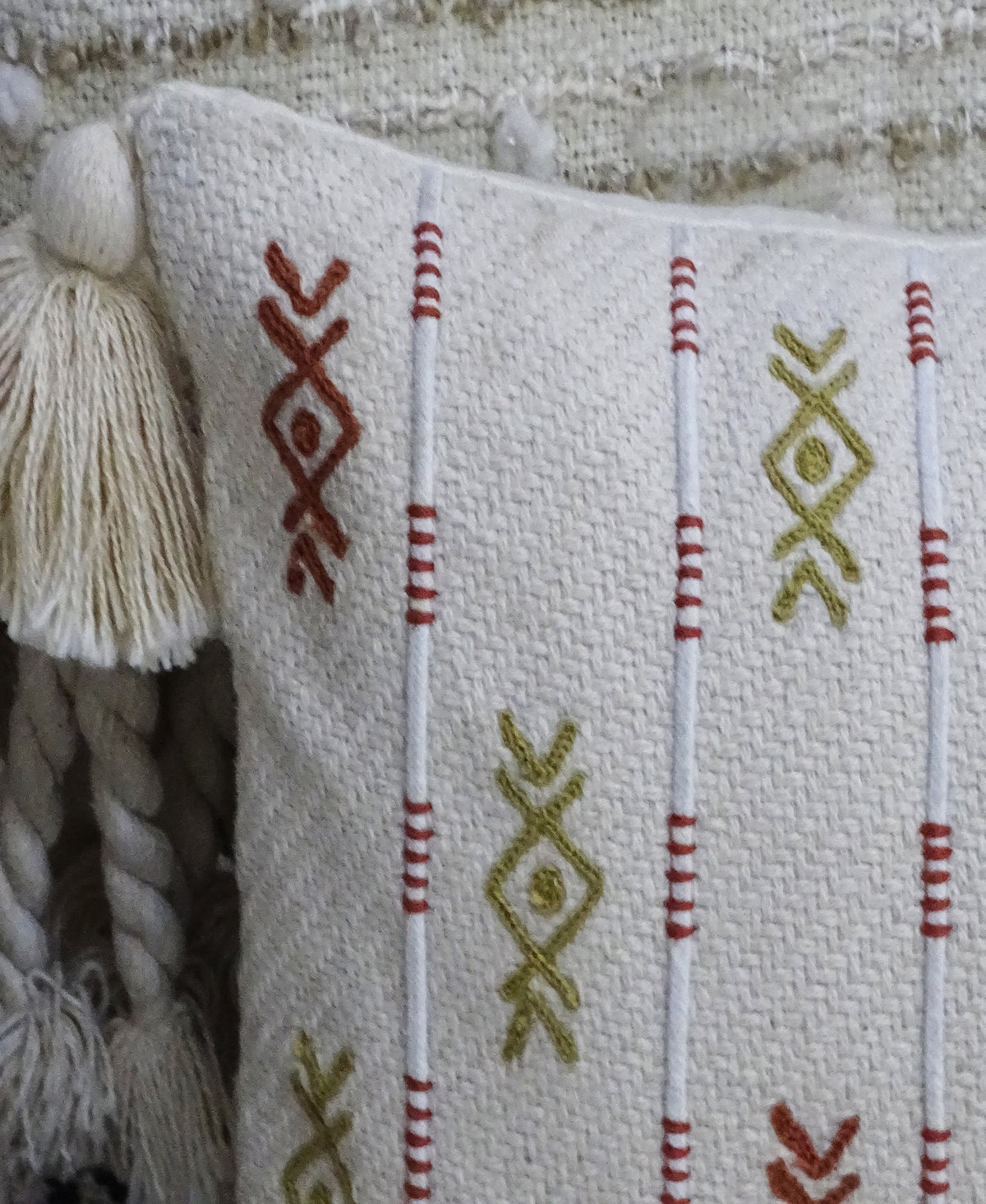 Vibhsa Embroidered Lumbar Pillow 14x24 with Tassels, Ivory & Mustard