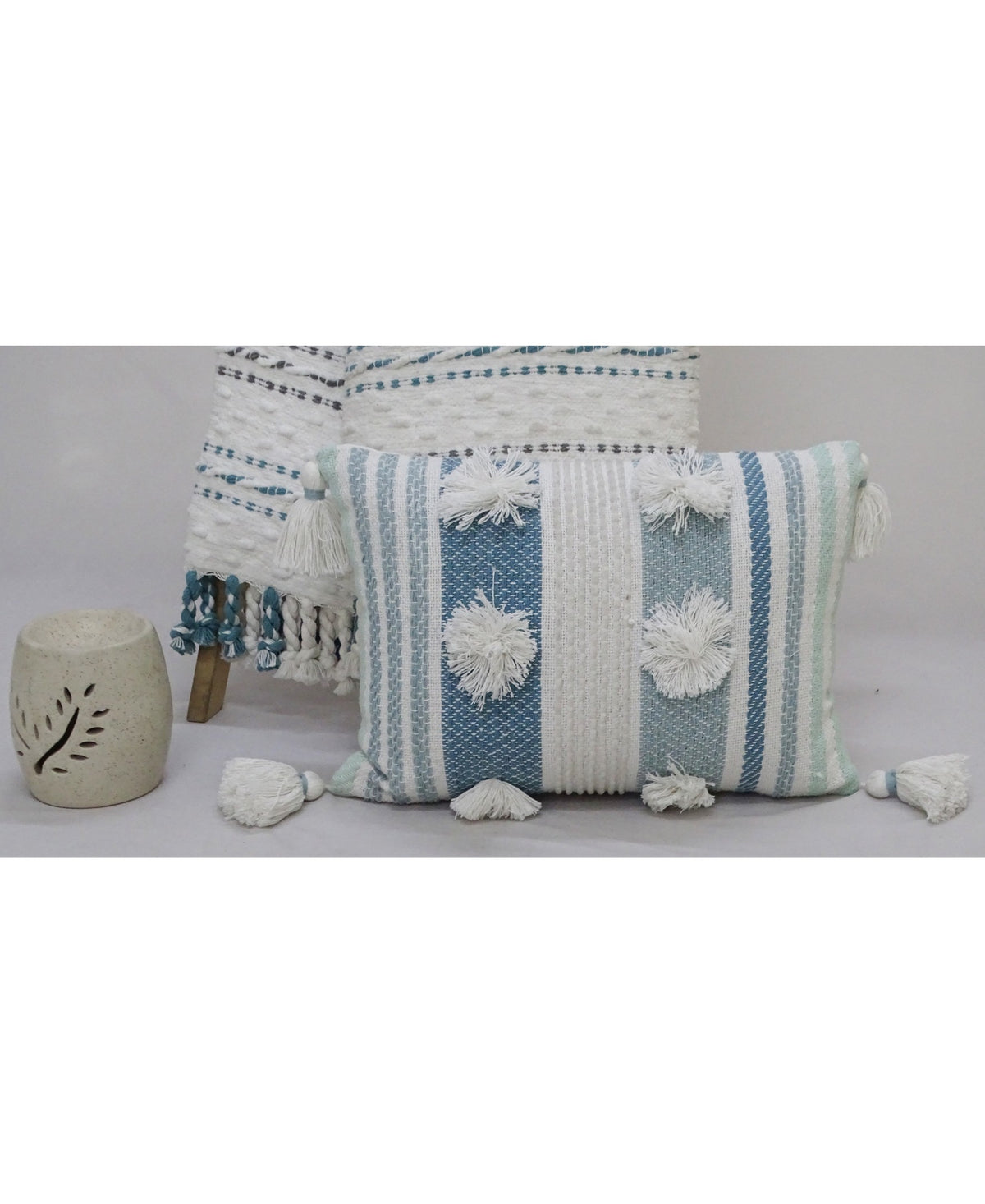 Vibhsa Blue Striped Accent Pillow 14x20 with Large Poms and Tassels