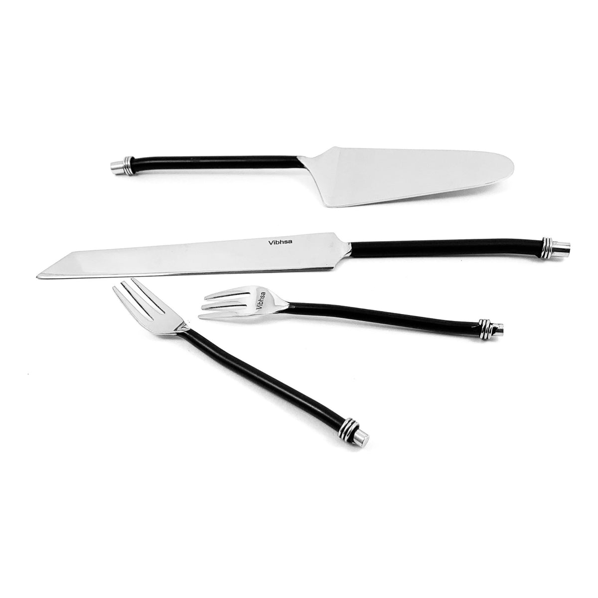 Vibhsa Cake Cutting & Serving Set with Forks (Black, Twisted Handle)