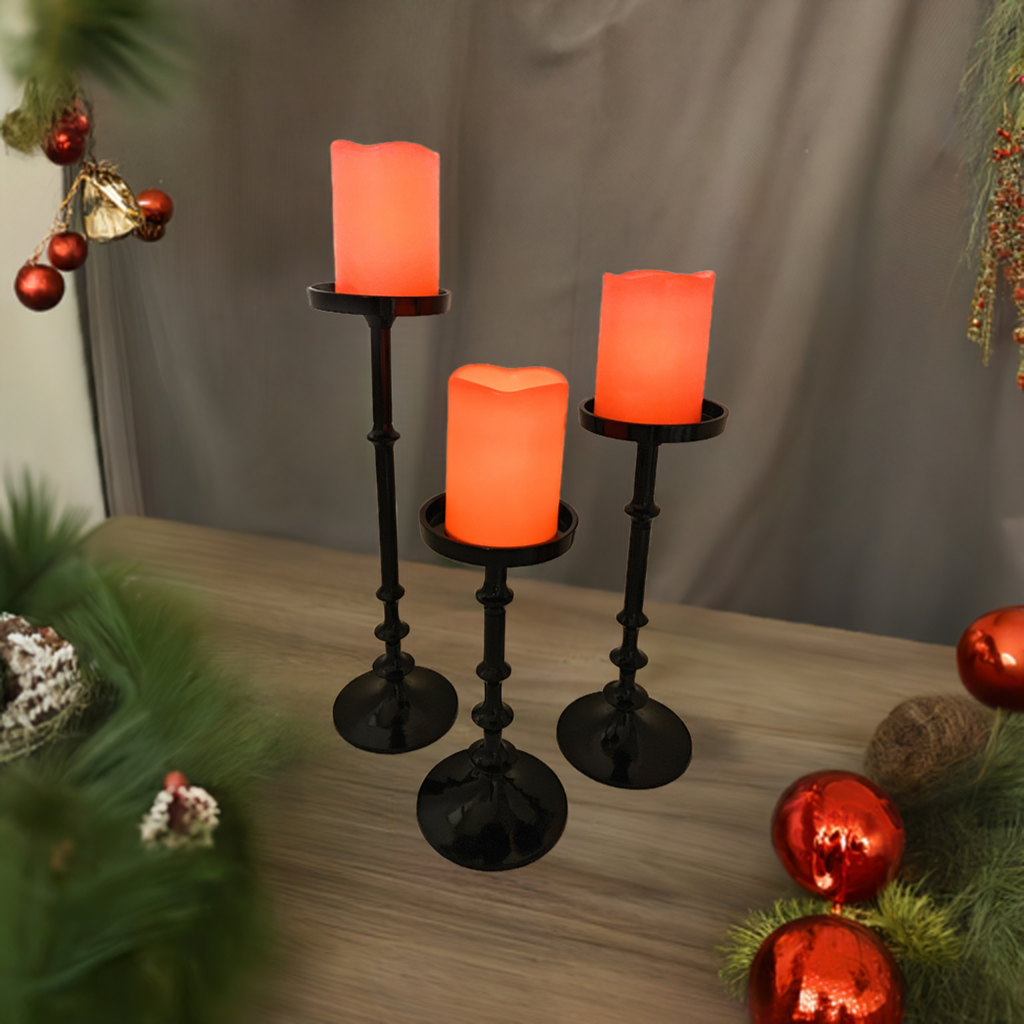 Vibhsa Pillar Candle Holders | Set of 3, Glossy Black, Graduated Heights