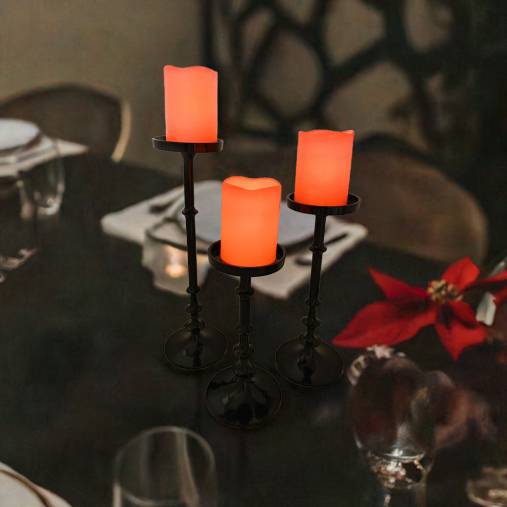 Vibhsa Pillar Candle Holders | Set of 3, Glossy Black, Graduated Heights