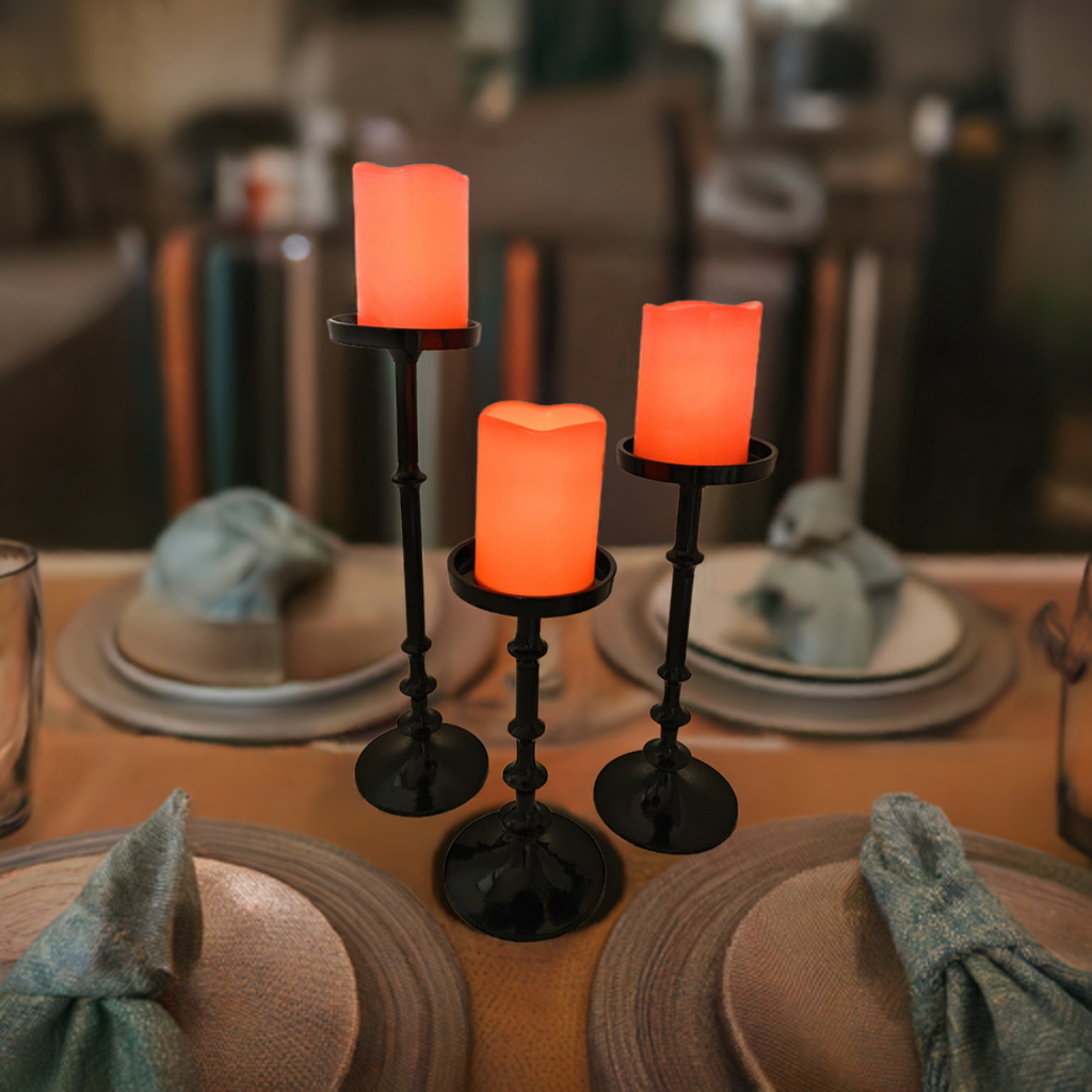 Vibhsa Pillar Candle Holders | Set of 3, Glossy Black, Graduated Heights