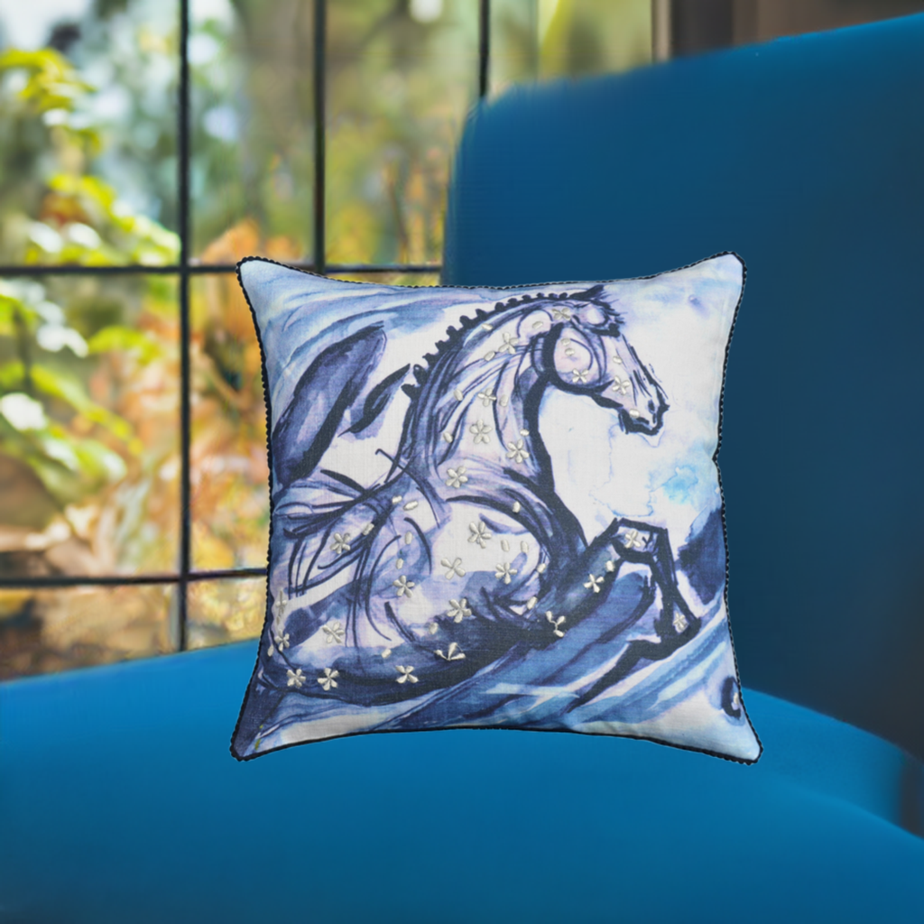 Vibhsa Blue Horse Embroidered Decorative Pillow 18x18, Cotton