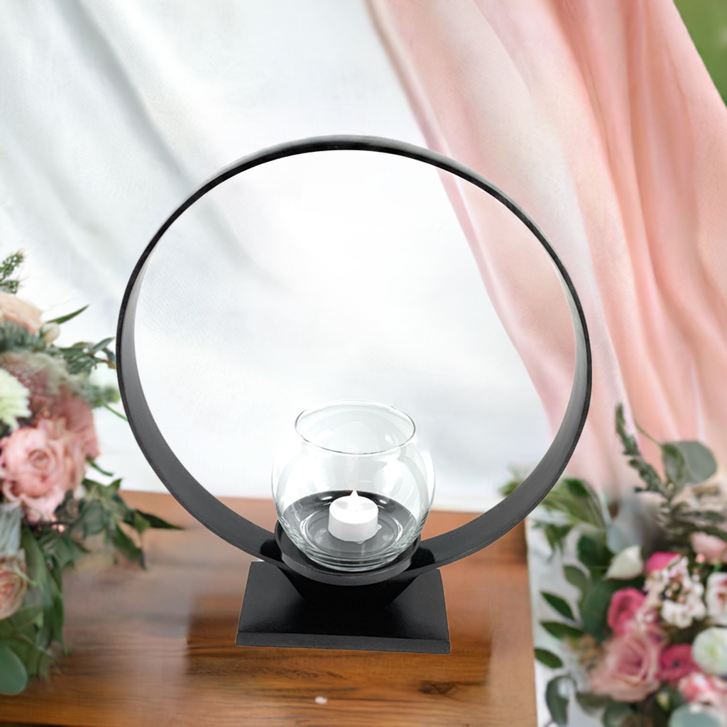 Vibhsa Ring Candle Holder | Rustic Black, 14.5"H, Sand-Cast Aluminum