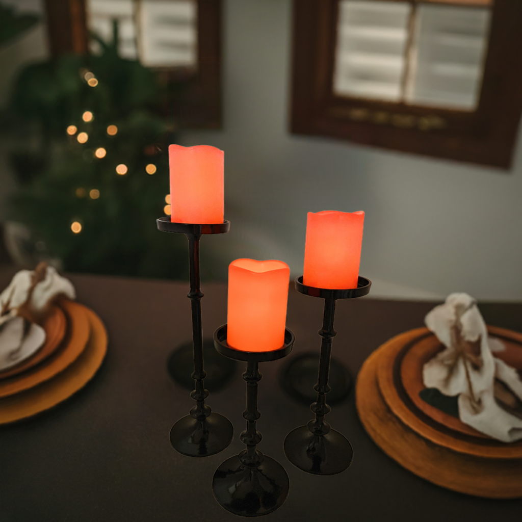 Vibhsa Pillar Candle Holders | Set of 3, Glossy Black, Graduated Heights
