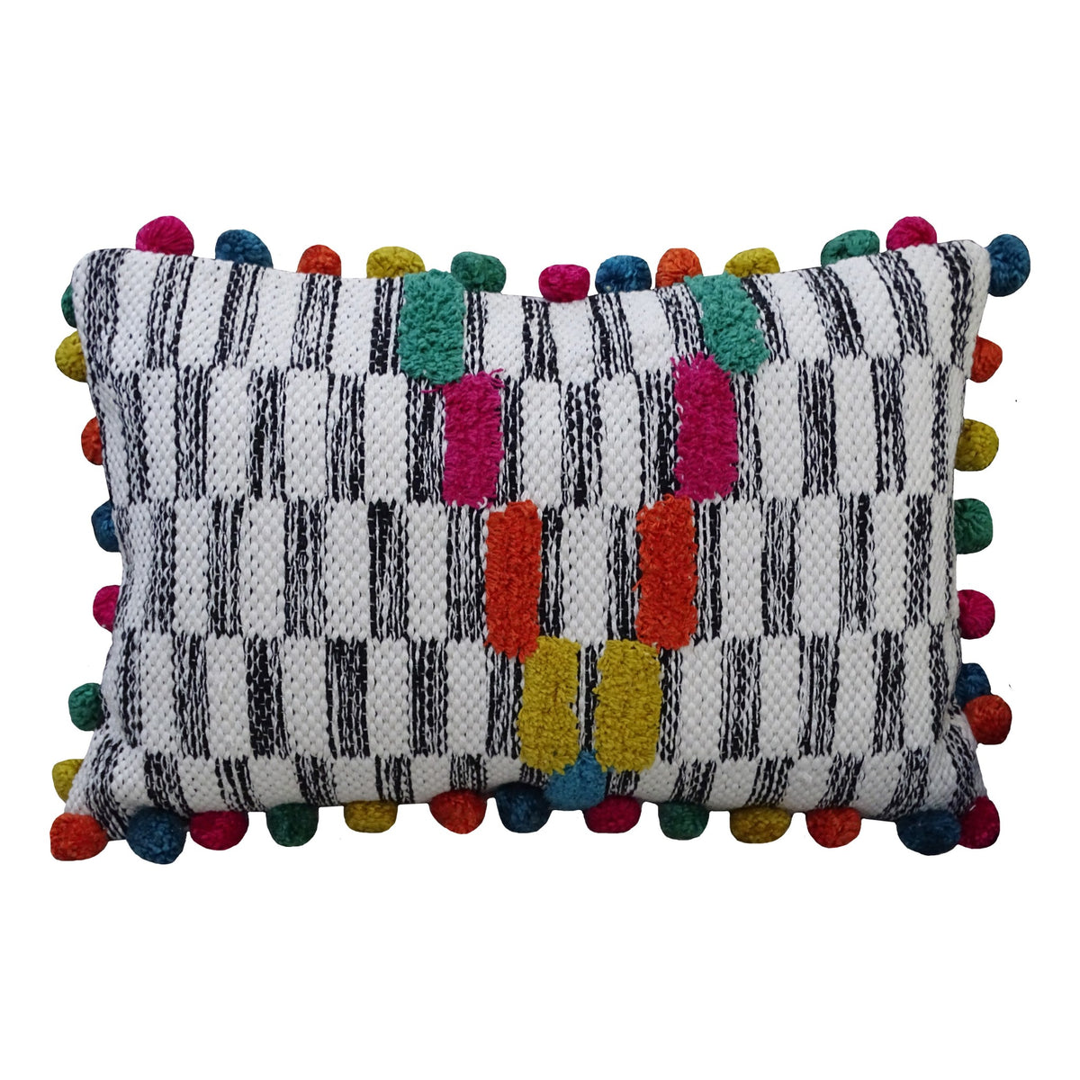 Vibhsa Black & White Lumbar Pillow 14x24 with Multicolor Pom-Poms