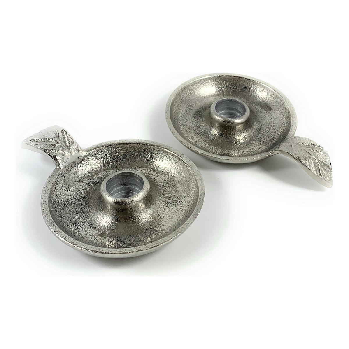 Vibhsa Silver Taper Candlestick Holder Dish | Set of 2, Leaf Handle, Rustic Aluminum