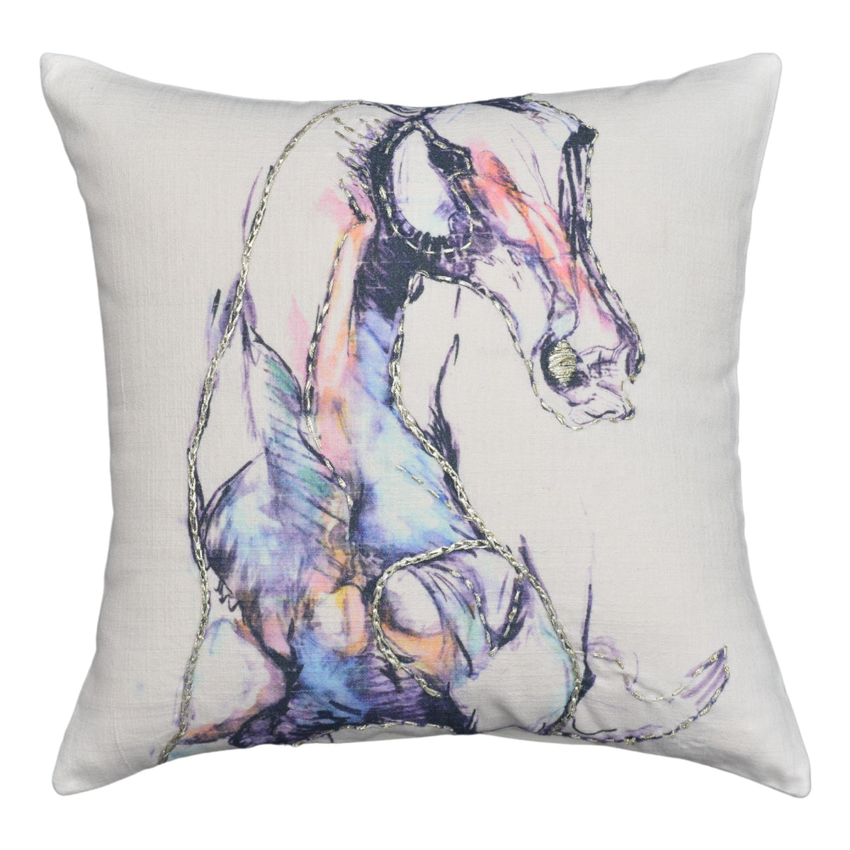 Vibhsa White Horse Print Embroidered Decorative Pillow 18x18