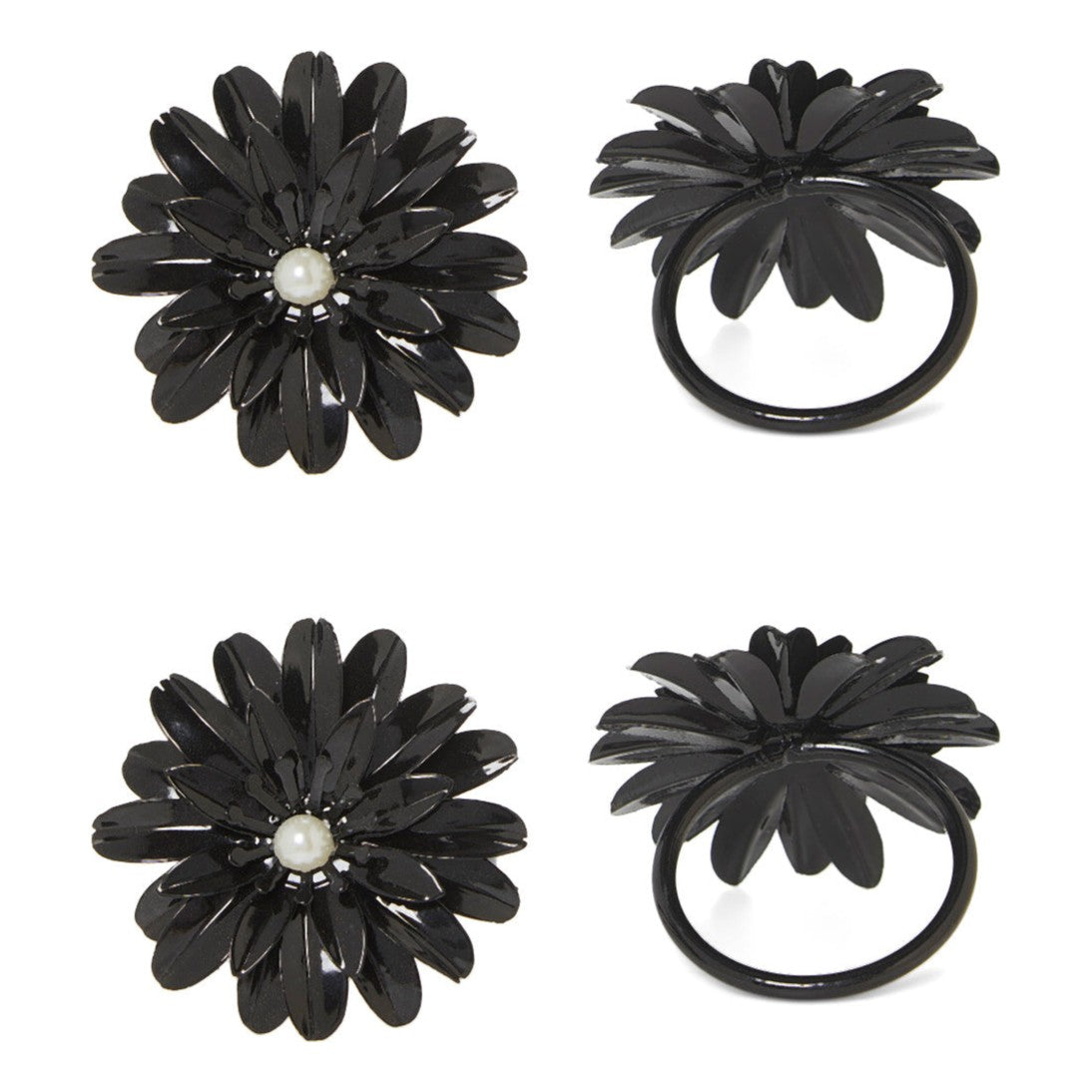 Vibhsa Black Floral Napkin Rings | Set of 4, Pearl Accents, Handcrafted