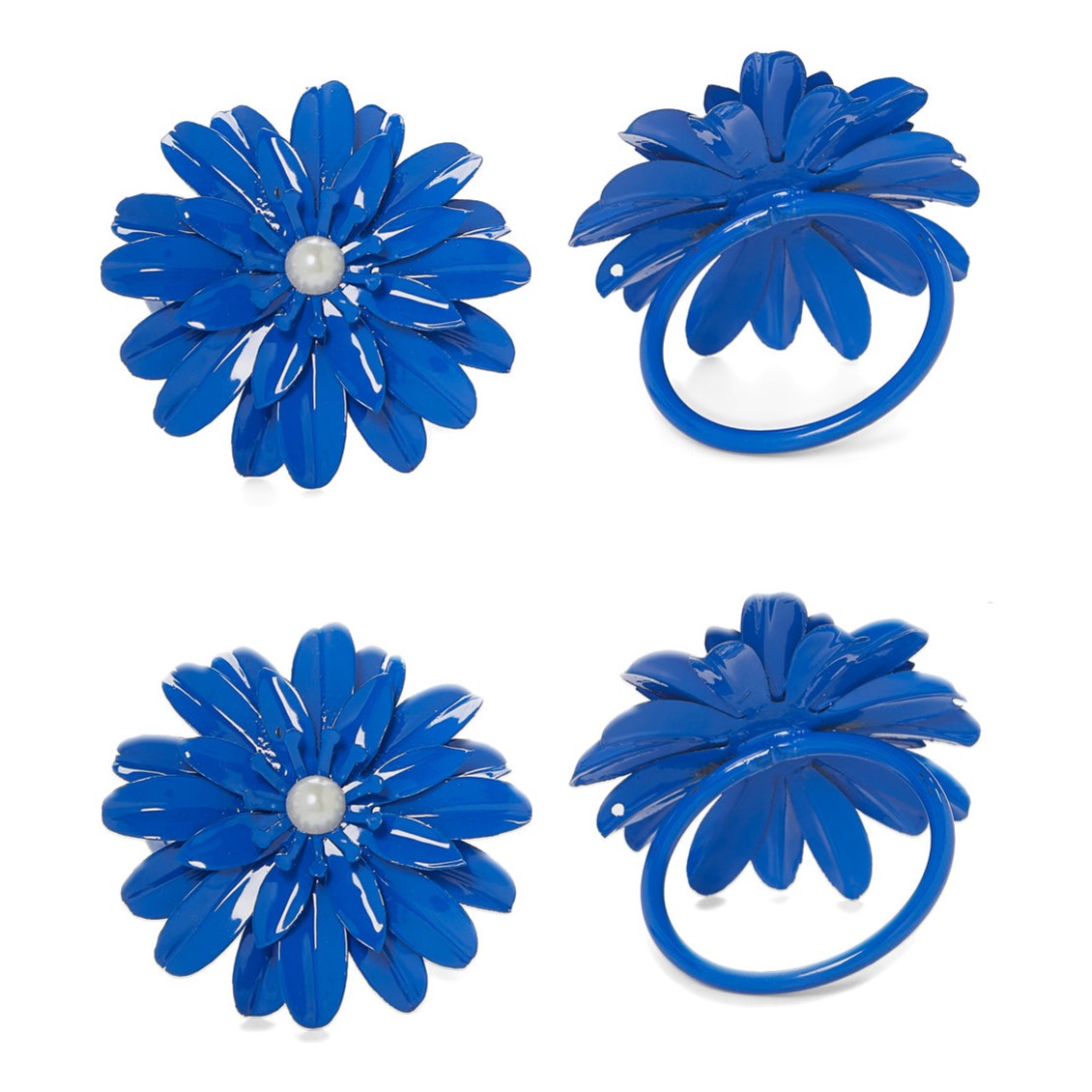 Vibhsa Blue Floral Napkin Rings | Set of 4, Pearl Accents, Handcrafted