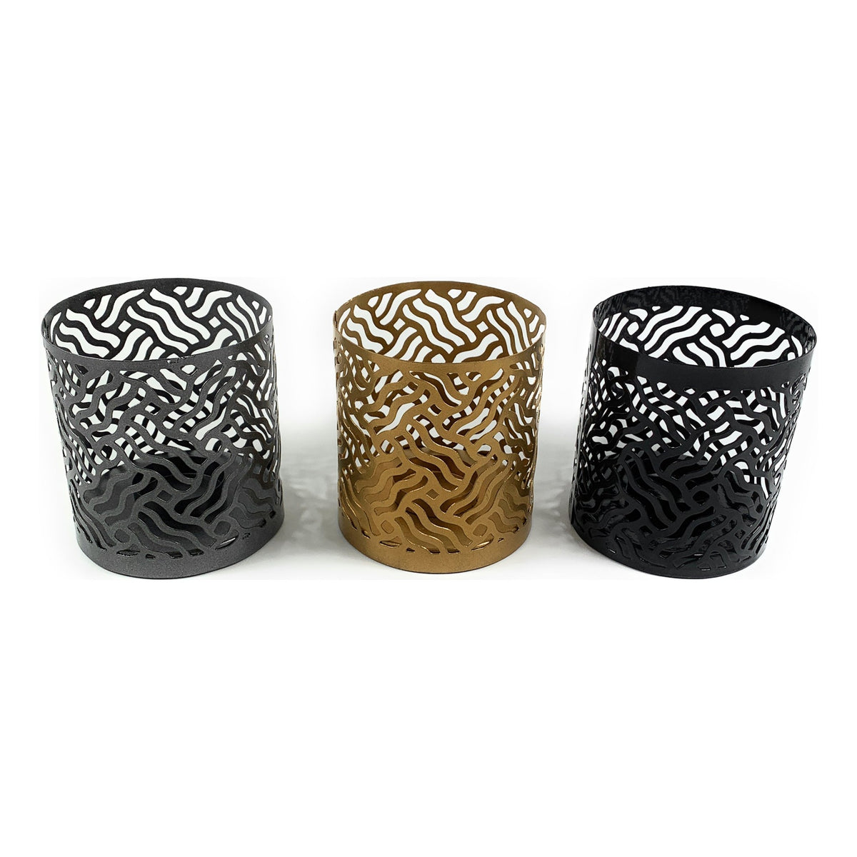 Vibhsa Votive Candle Holders | Set of 3, Black, Grey & Gold, Laser-Cut Design