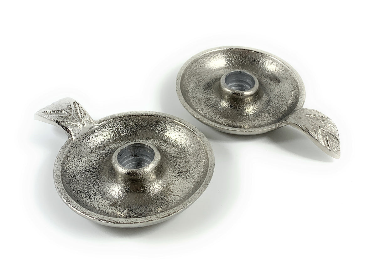 Vibhsa Silver Taper Candlestick Holder Dish | Set of 2, Leaf Handle, Rustic Aluminum