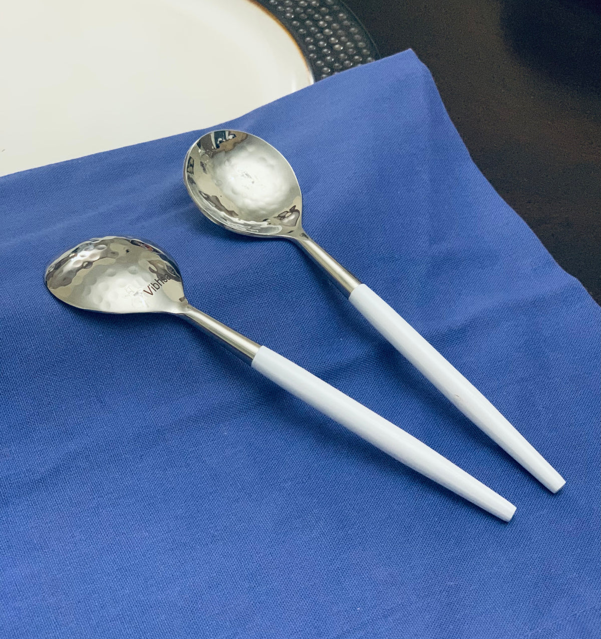 Vibhsa White Hammered Mouth Stainless Steel Soup Spoons | Set of 6