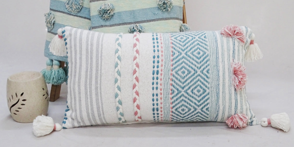 Vibhsa Geo Striped Lumbar Pillow 14x24 with Braid and Tassels, Cotton