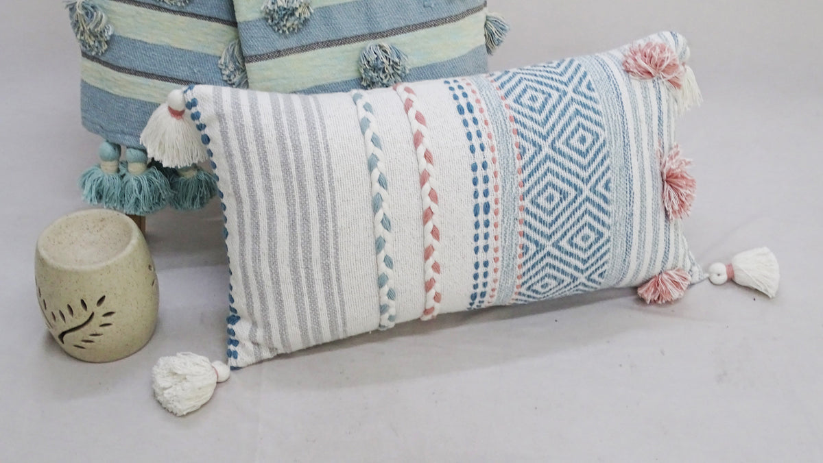 Vibhsa Geo Striped Lumbar Pillow 14x24 with Braid and Tassels, Cotton
