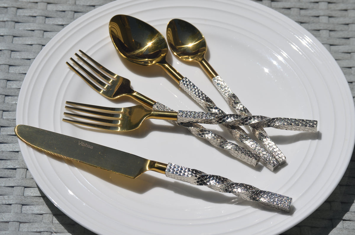 Vibhsa Gold Stainless Steel Flatware Set of 5 Pieces | Service for 1, Gift Box