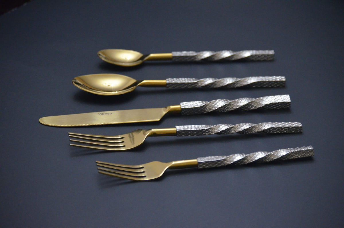 Vibhsa Gold Stainless Steel Flatware Set of 5 Pieces | Service for 1, Gift Box