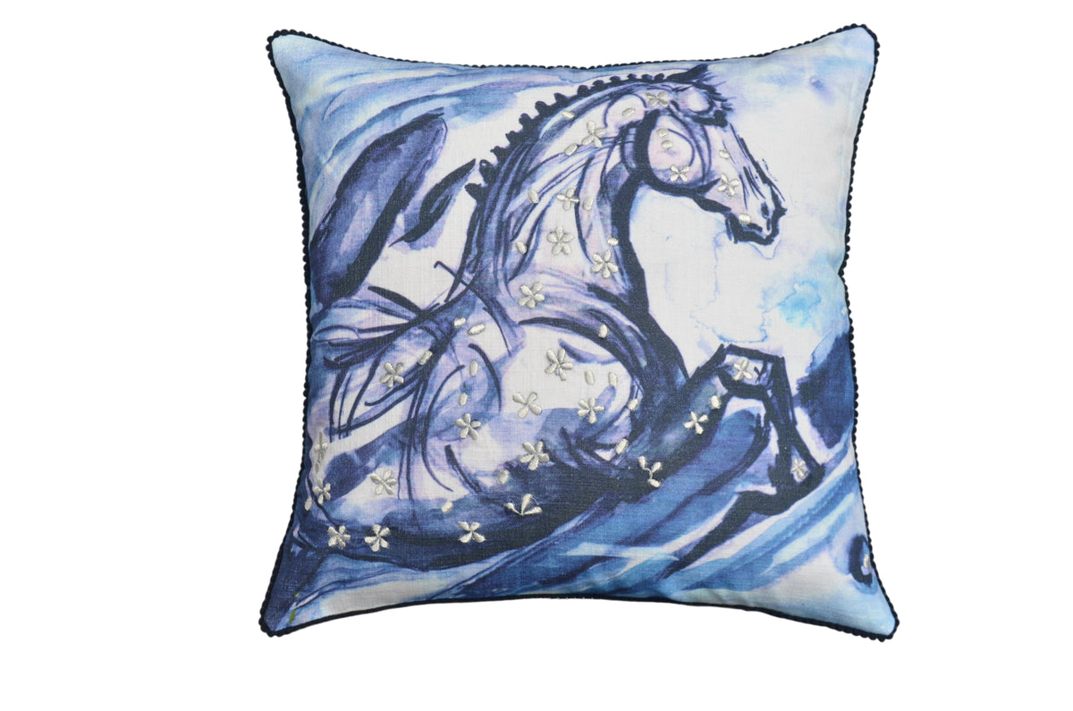 Vibhsa Blue Horse Embroidered Decorative Pillow 18x18, Cotton