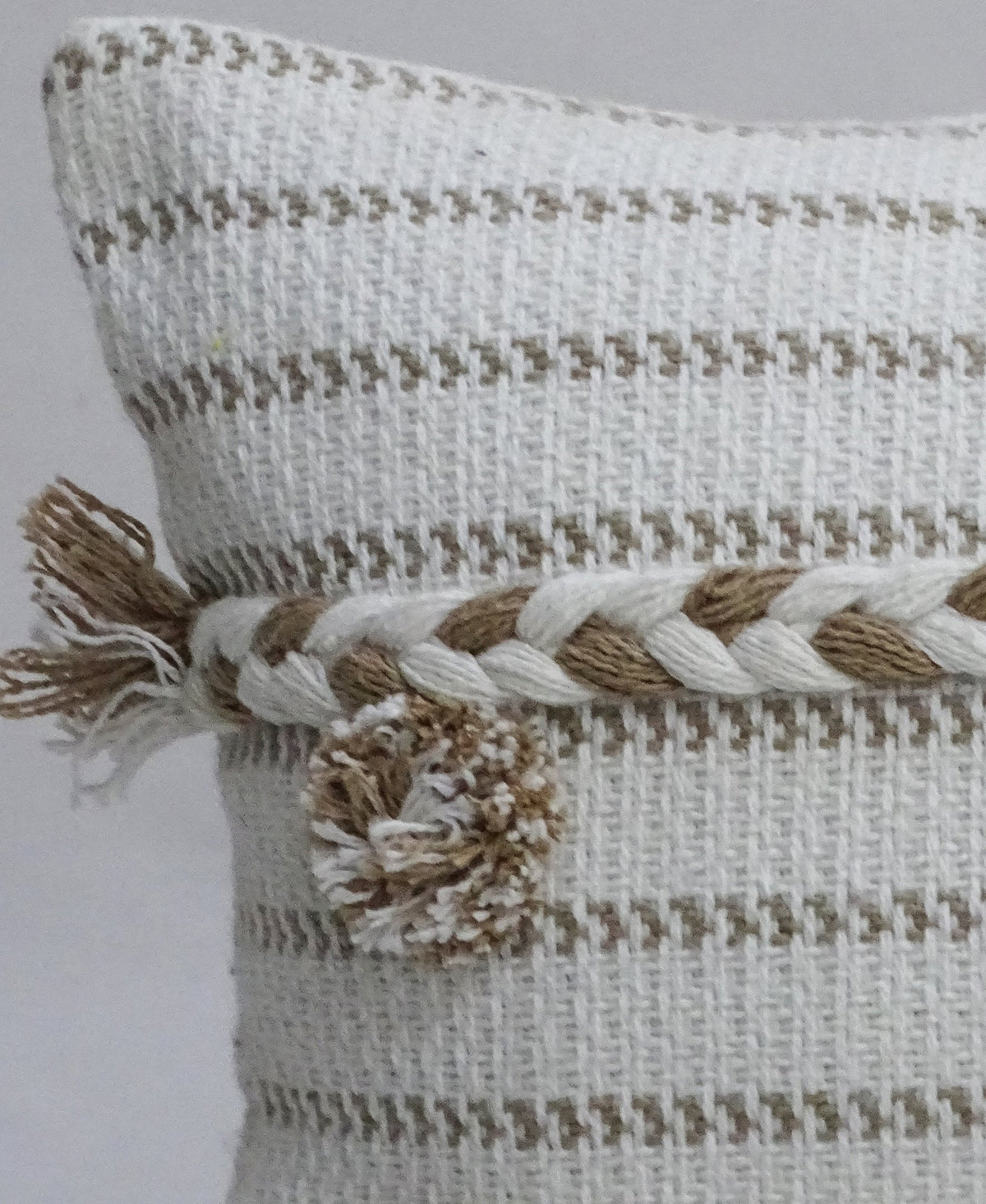 Vibhsa Ivory Handwoven Lumbar Pillow 14x24 with Braids and Pom-Poms