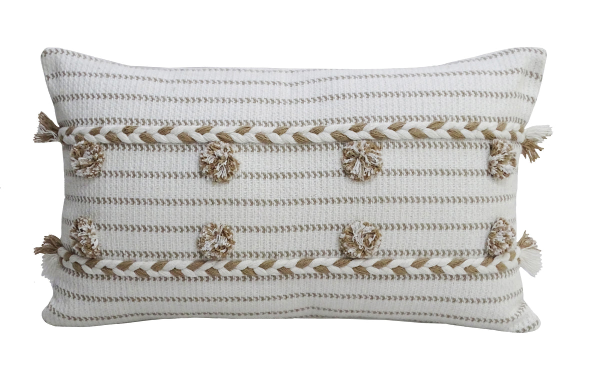 Vibhsa Ivory Handwoven Lumbar Pillow 14x24 with Braids and Pom-Poms
