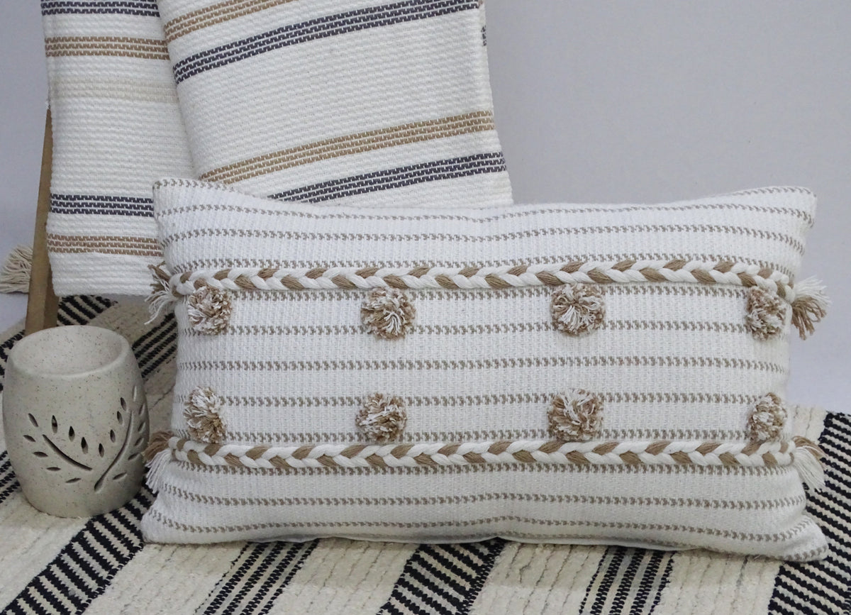 Vibhsa Ivory Handwoven Lumbar Pillow 14x24 with Braids and Pom-Poms