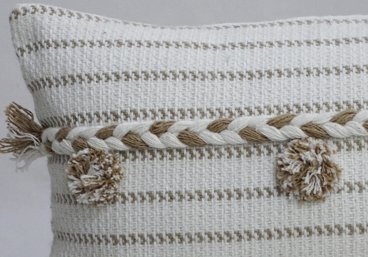 Vibhsa Ivory Handwoven Lumbar Pillow 14x24 with Braids and Pom-Poms