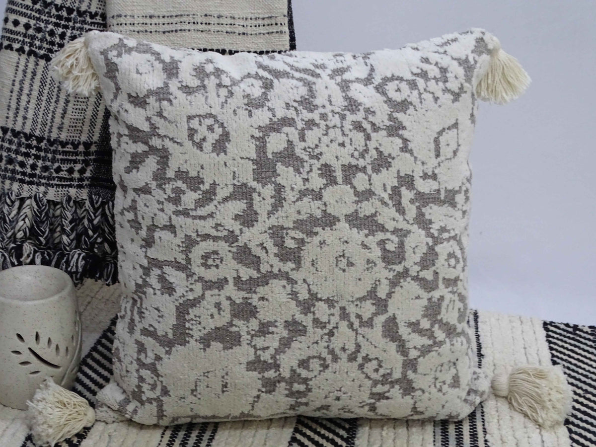 Vibhsa Grey Damask Throw Pillow 20x20 with Tassels