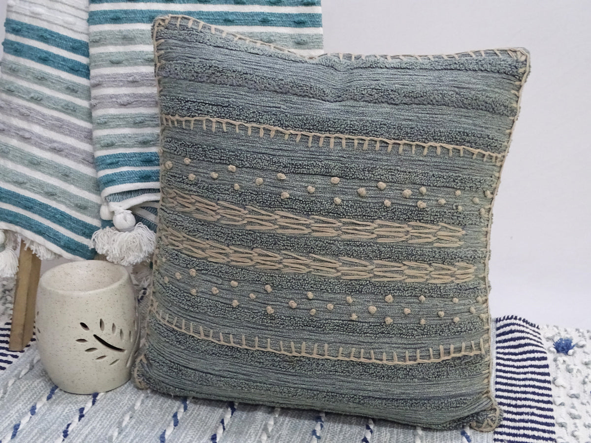 Vibhsa Teal & Grey Embroidered Throw Pillow 20x20, Cotton