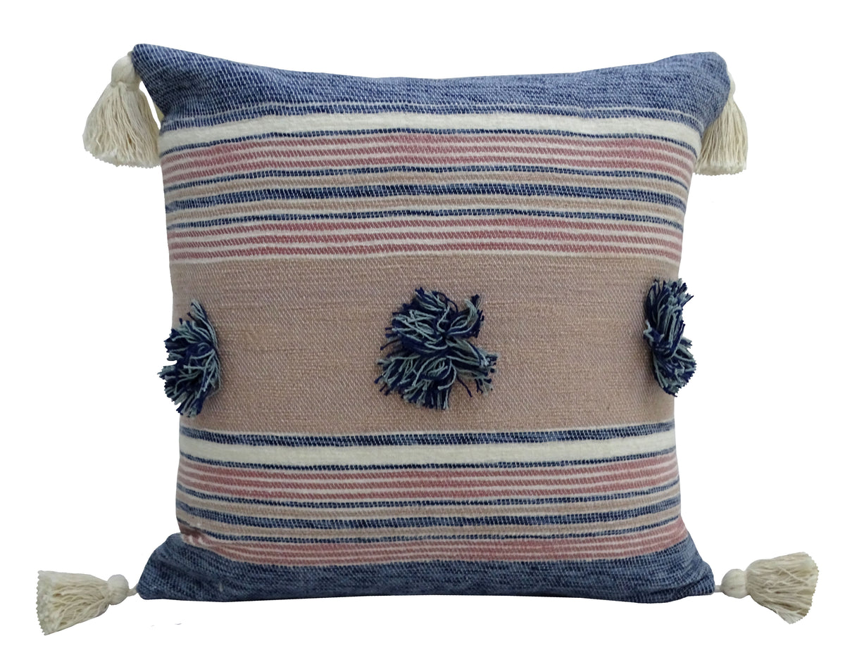Vibhsa Blue & Pink Striped Throw Pillow 20x20 with Pom-Poms and Tassels